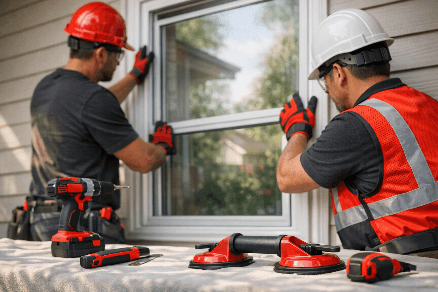 Two workers installing a residential window wearing gloves, goggles, and helmets outdoors