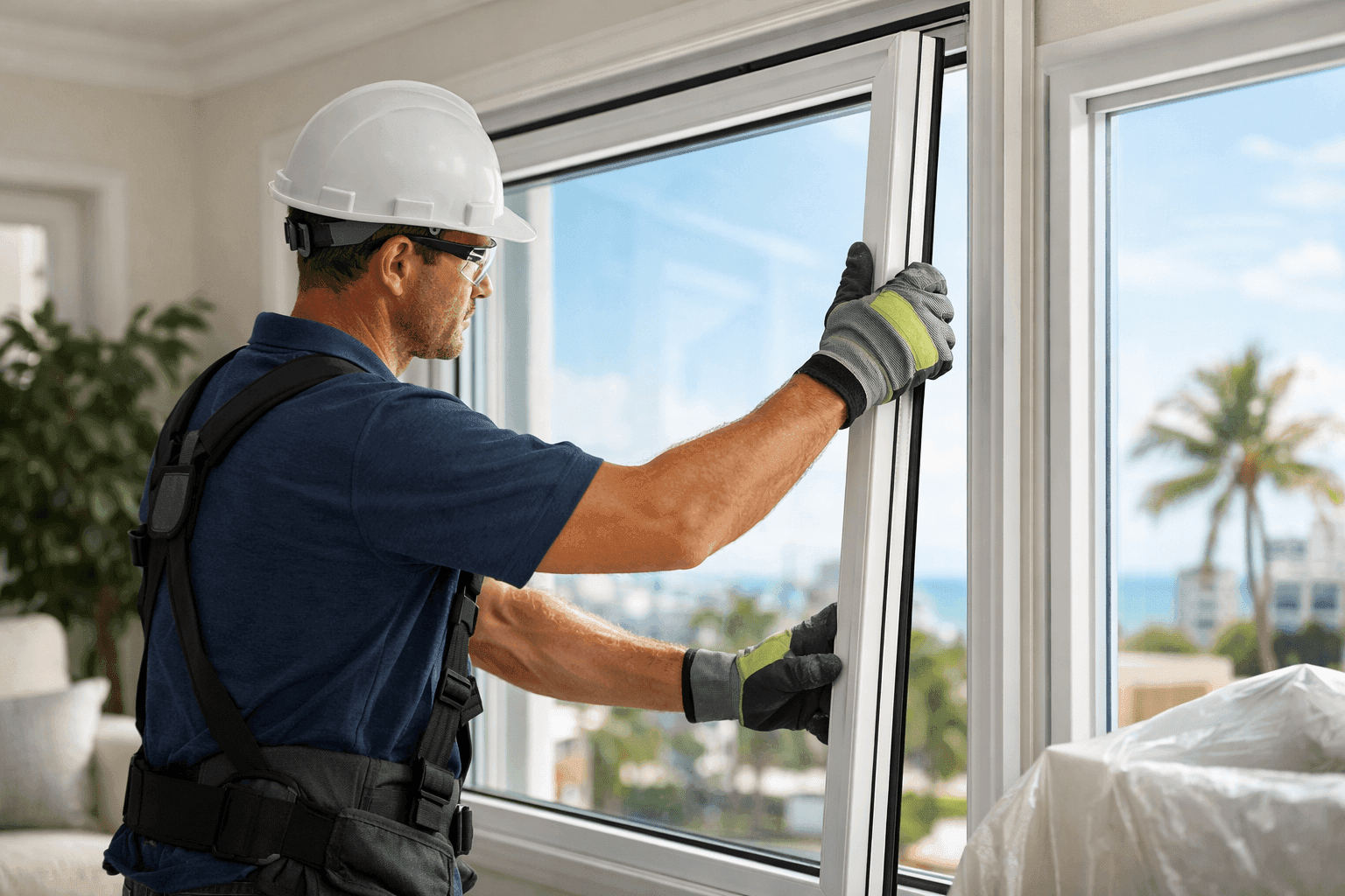 Technician installing impact-resistant window in a Miami home with safety gear