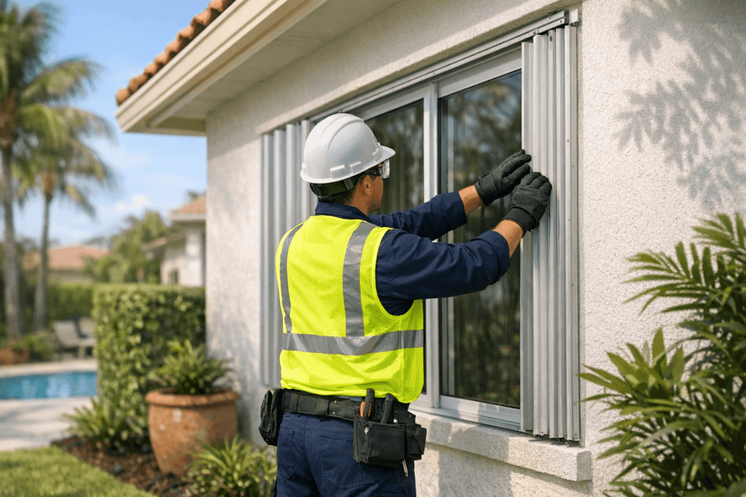 Technician inspecting Miami home's windows for hurricane readiness