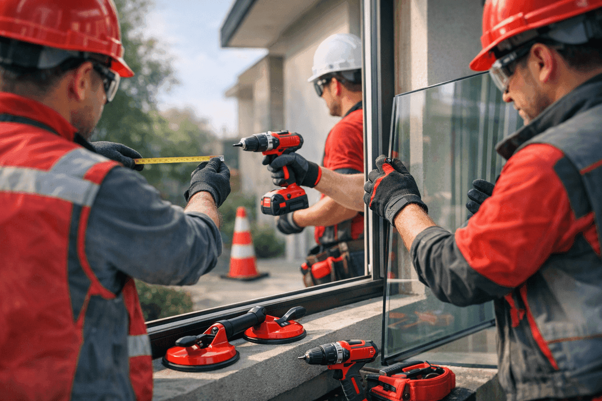 Close-up of a worker fitting a modern window frame wearing safety gloves and goggles